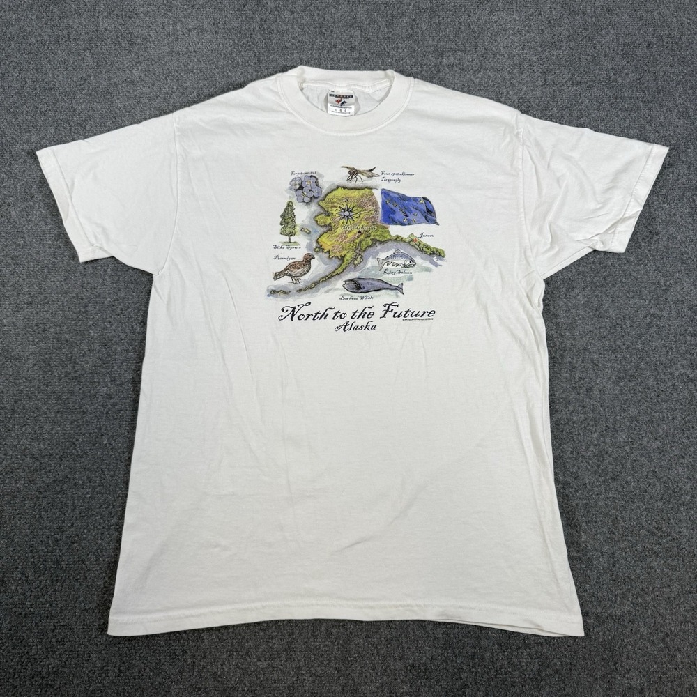 Vintage Alaska T-Shirt Mens Large White Y2K Map Nature North to the Future